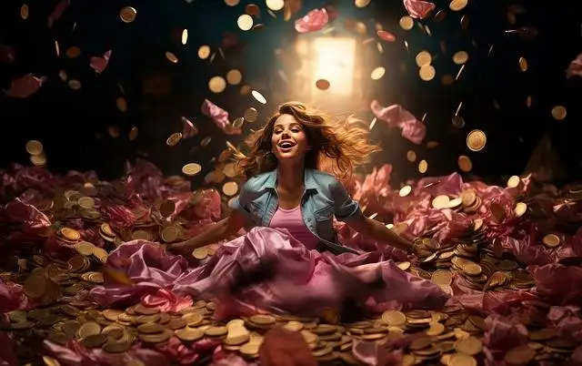 Woman surrounded by pink petals and coins to represent benefits of secure digital economy