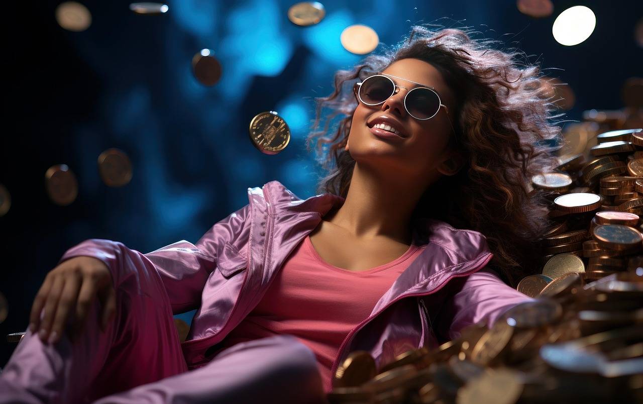 Relaxing among falling gold coins representing digital economy